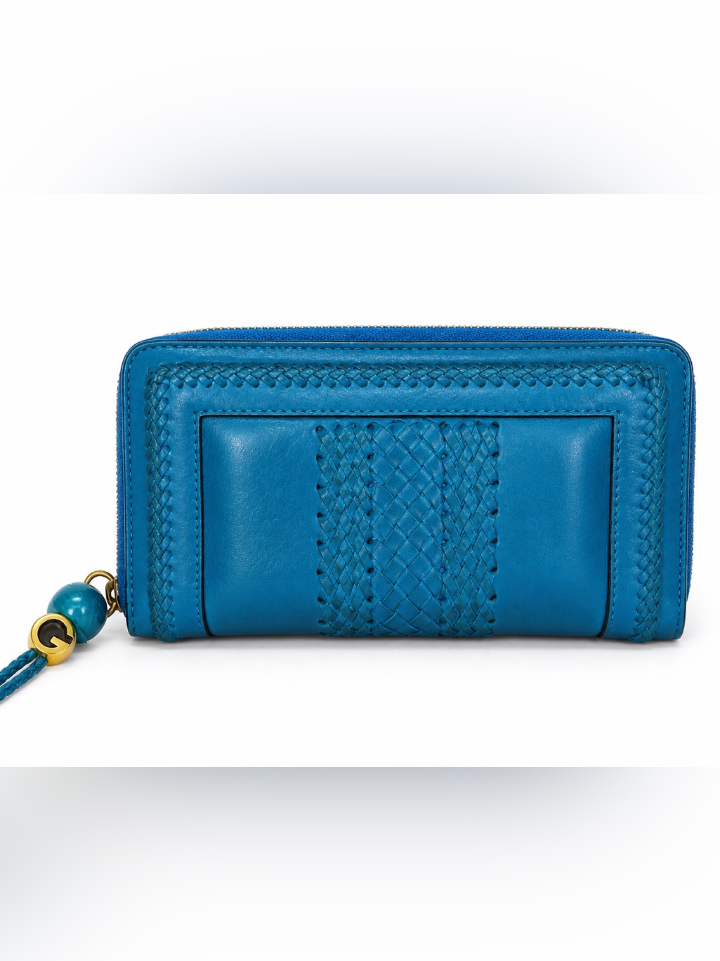 Gucci Blue Leather Braided Bamboo Long Wallet W/ Zipper Charm